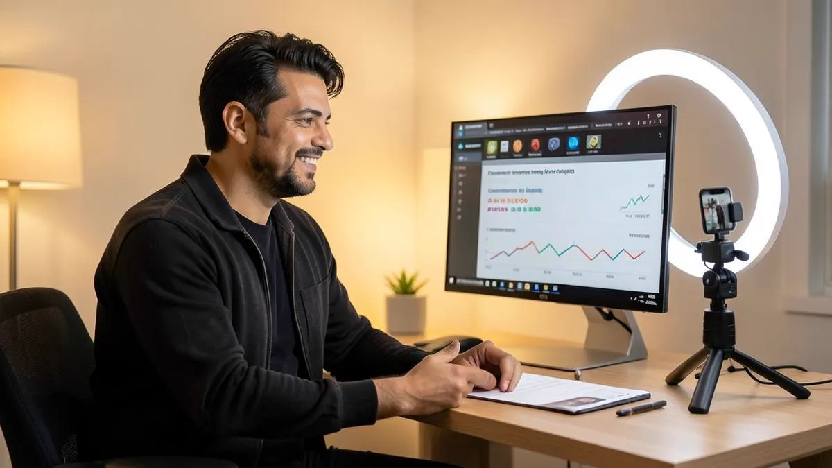 Creador latino grabando una recomendación de producto para ganar comisiones de afiliados