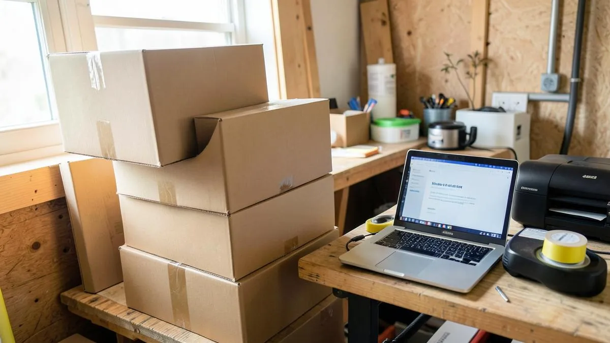 Cajas de envío apiladas junto a un portátil en un pequeño almacén doméstico