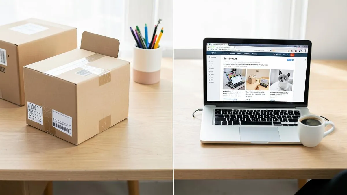 Caja de envío en una mitad del escritorio y portátil con un blog en la otra