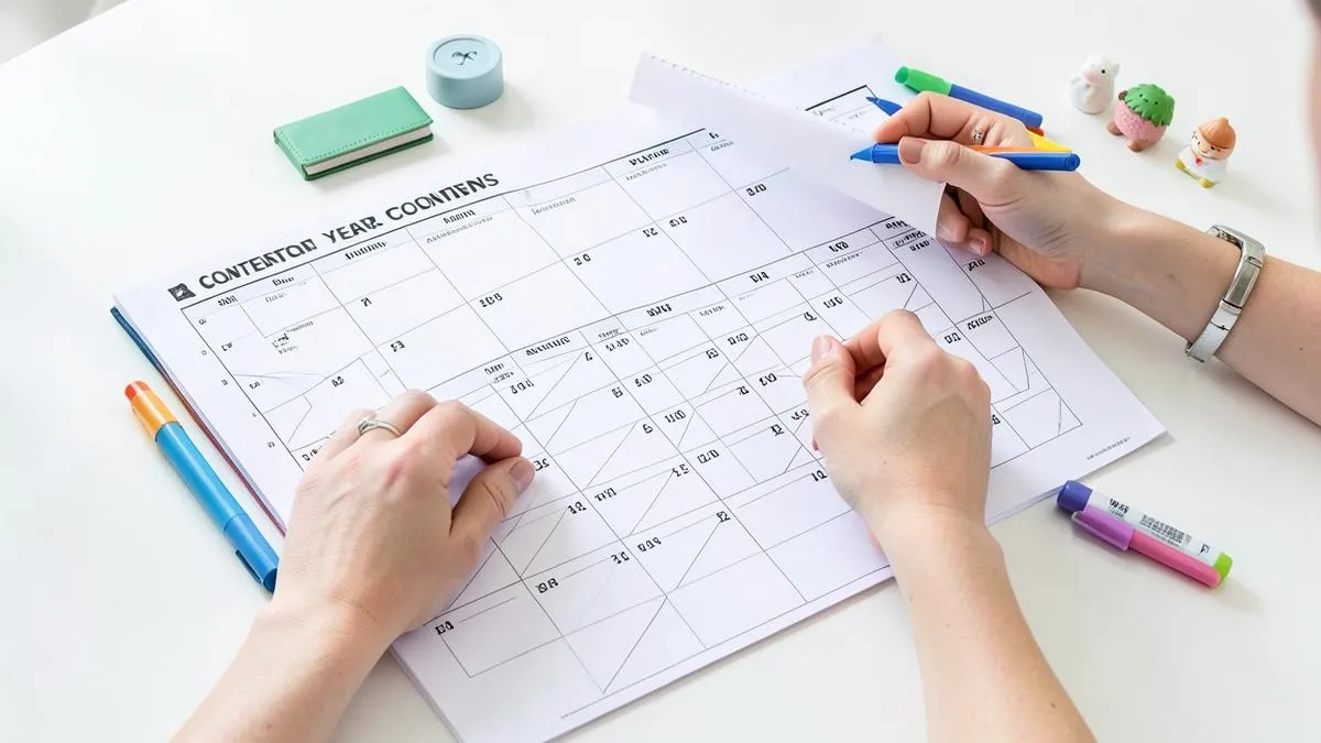 Manos organizando un calendario anual de contenido con marcadores de colores