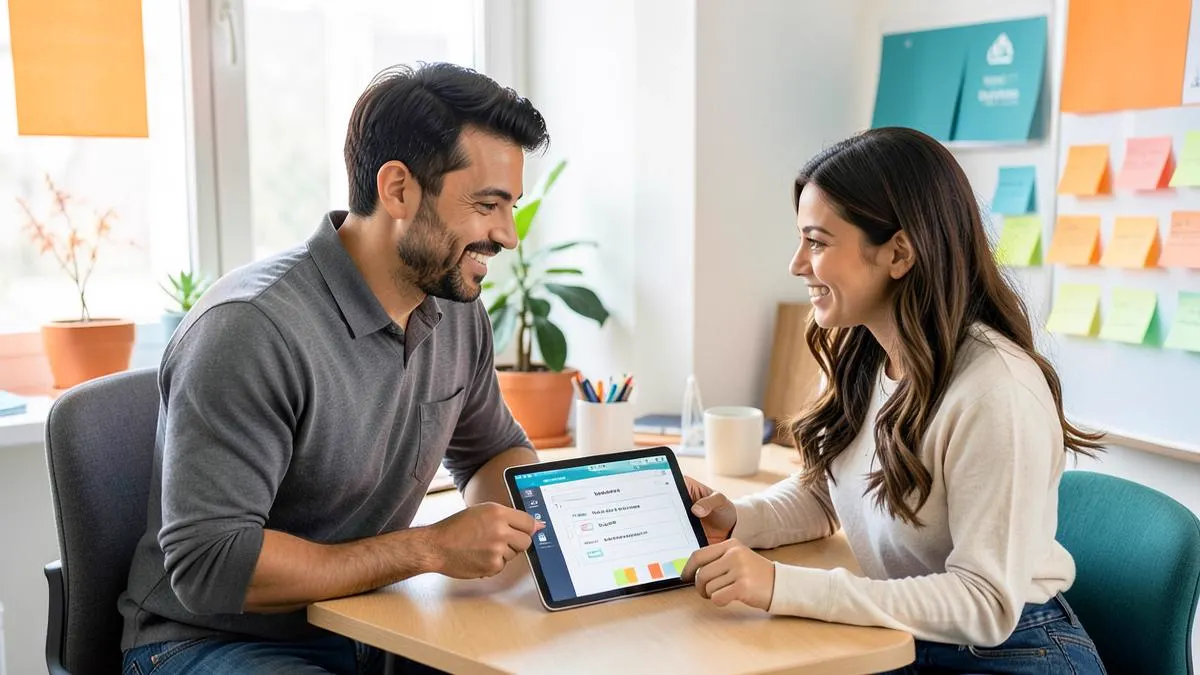 Dos emprendedores latinos revisando un plan de ingresos creado con ChatGPT