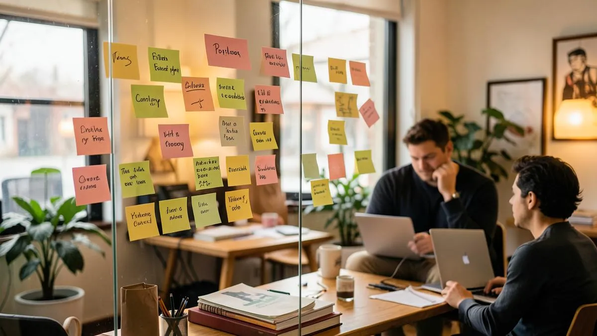 Pared de cristal con notas adhesivas de ideas y dos personas trabajando con portátiles