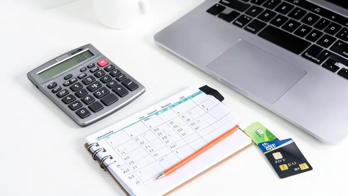 Calculadora, libreta de presupuesto y tarjeta junto a un portátil
