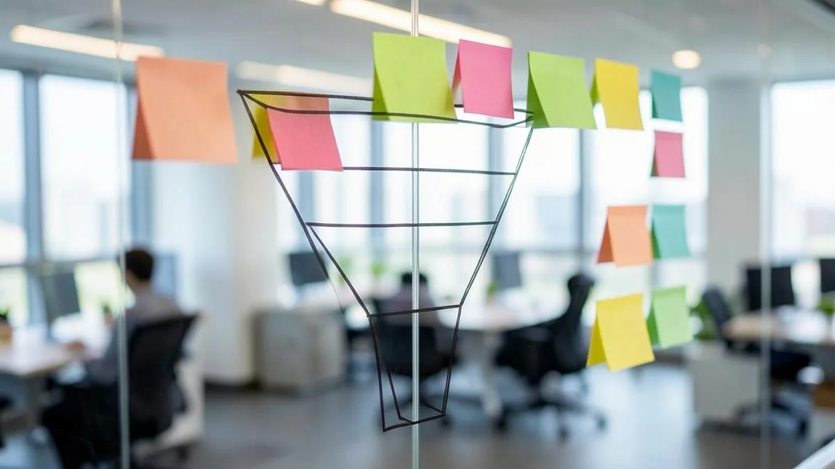 Embudo de conversión dibujado con notas adhesivas de colores sobre una pared de cristal