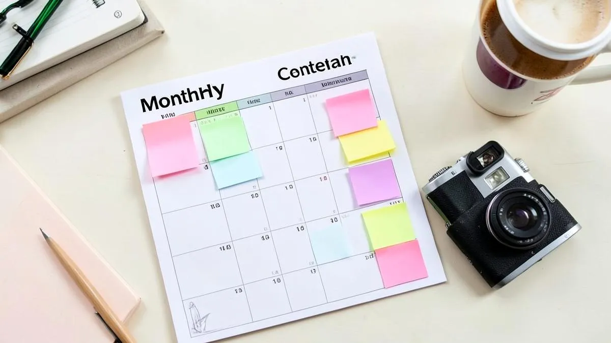 Calendario mensual de contenido con notas adhesivas de colores sobre un escritorio