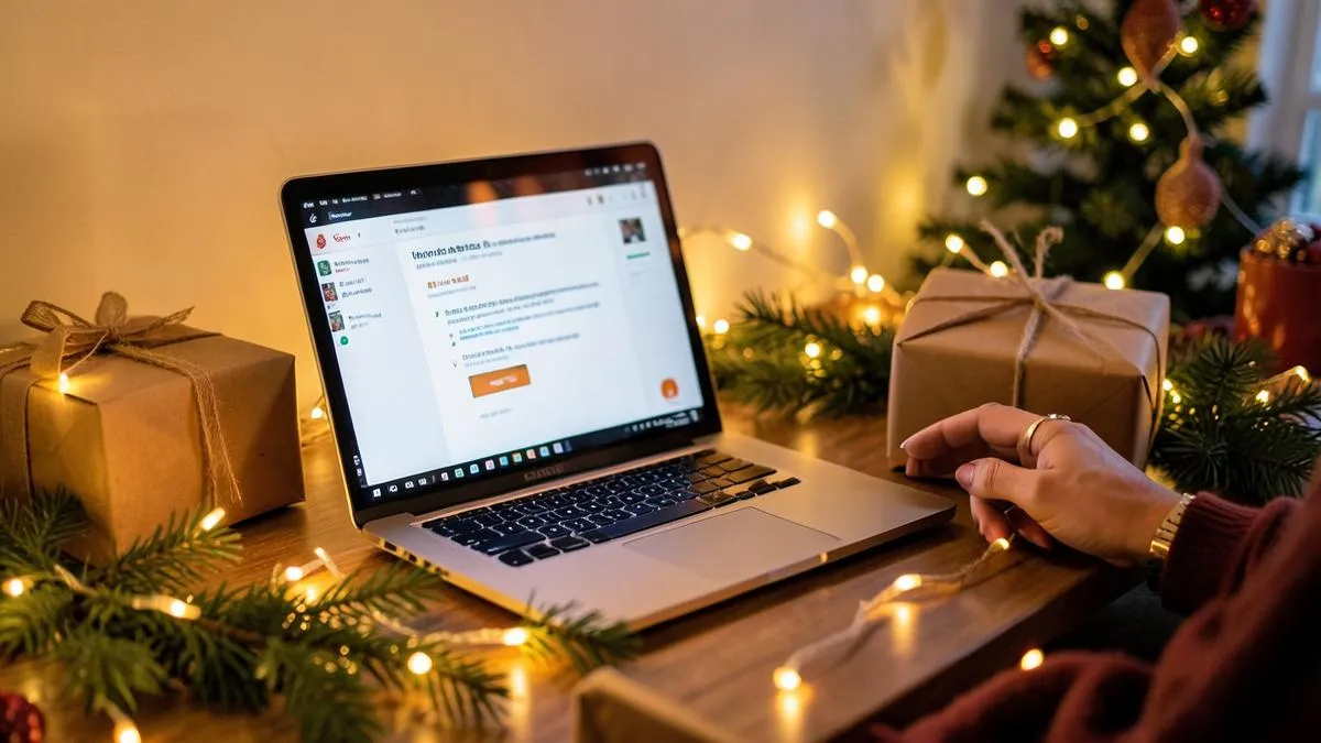 Compras navideñas online con portátil, regalos envueltos y luces cálidas