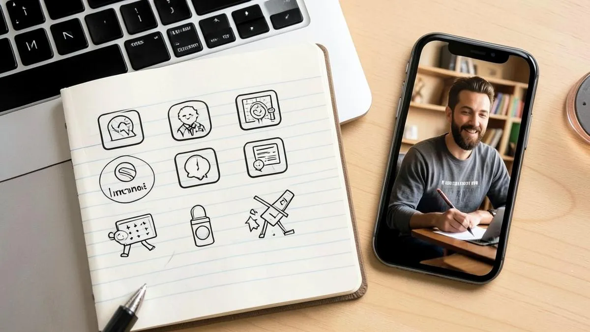 Libreta con iconos de servicios junto a un portátil y un móvil con una videollamada