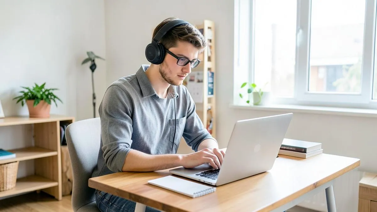 Persona joven trabajando como freelance con portátil y auriculares en casa