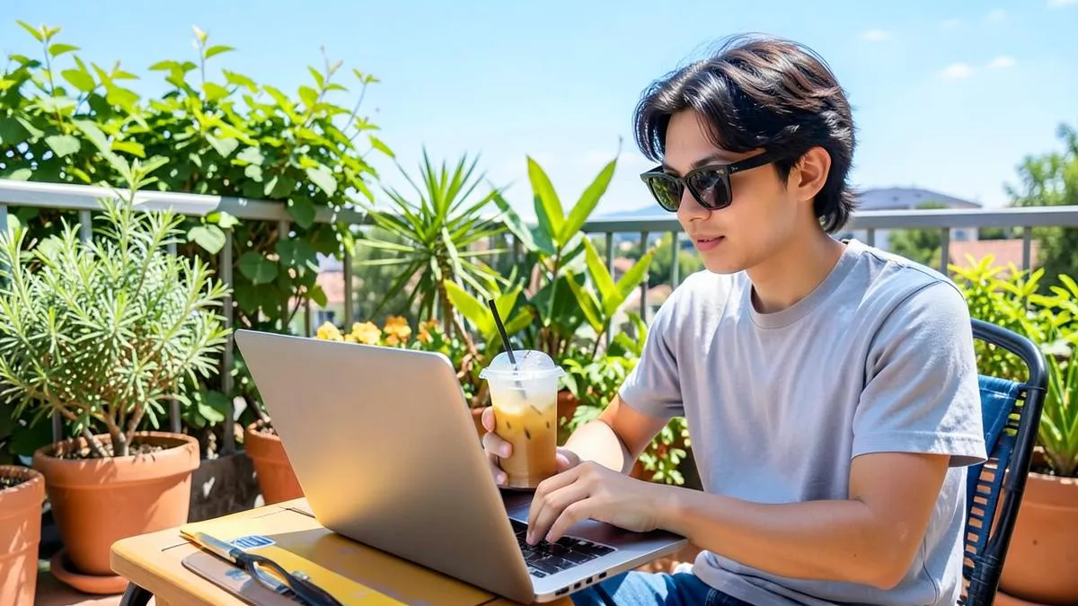 Estudiante trabajando con un portátil en una terraza soleada en verano