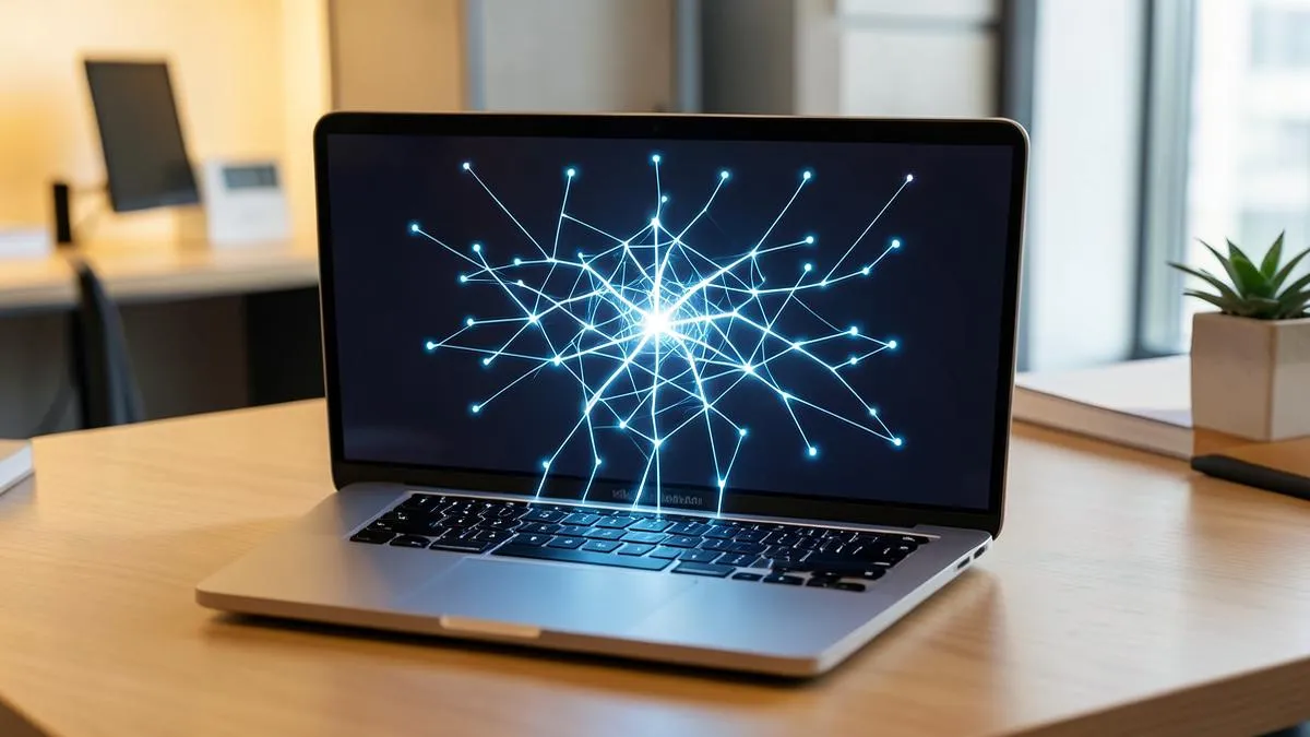 Portátil con una red neuronal luminosa en pantalla sobre un escritorio de oficina