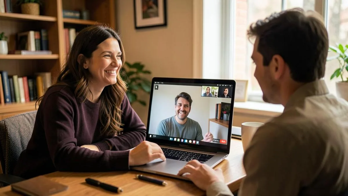 Conversación amable entre dos personas frente a un portátil en una oficina en casa