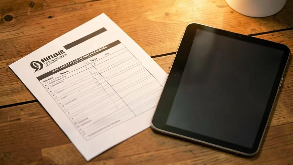 Plantilla impresa tipo checklist junto a una tableta sobre una mesa de madera