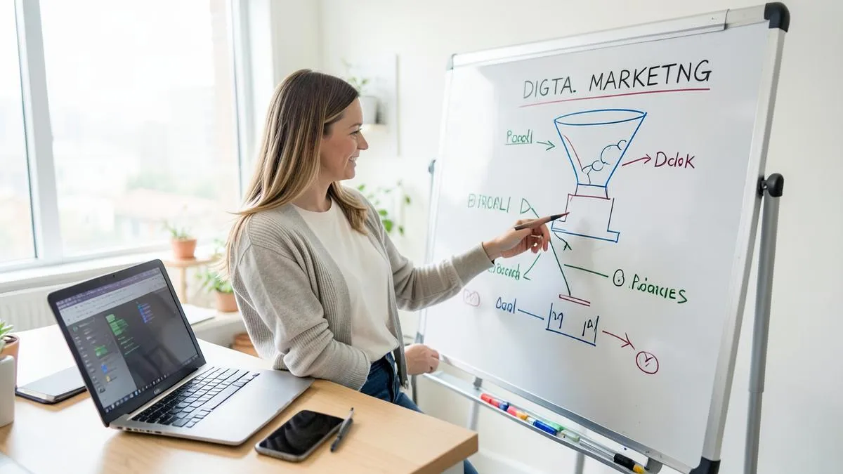 Emprendedora explicando un embudo de marketing en una pizarra junto a su portátil