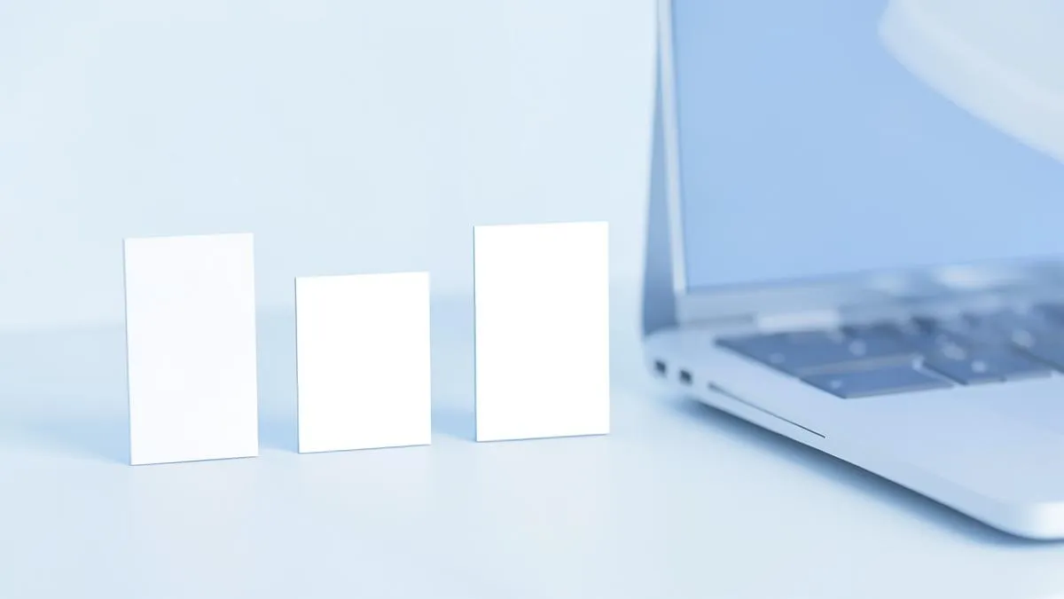 Tres tarjetas de precio en blanco de distinta altura junto a un portátil