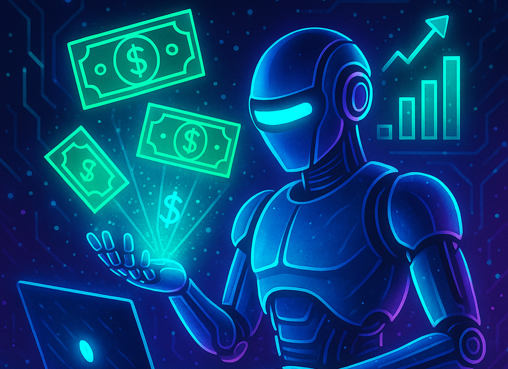 Ilustración futurista y vibrante de un robot con estilo tecnológico proyectando hologramas de billetes, monedas y gráficos de crecimiento financiero sobre una laptop. El fondo muestra circuitos digitales y luces de neón en tonos azul, verde y morado, simbolizando cómo la inteligencia artificial puede generar dinero y oportunidades de negocio en el mundo digital.